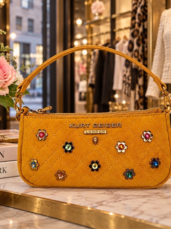 Kurt Geiger Handbags - Kurt Geiger Mustard Suede Quilted Mini Shoulder Bag with Floral Studs NWT